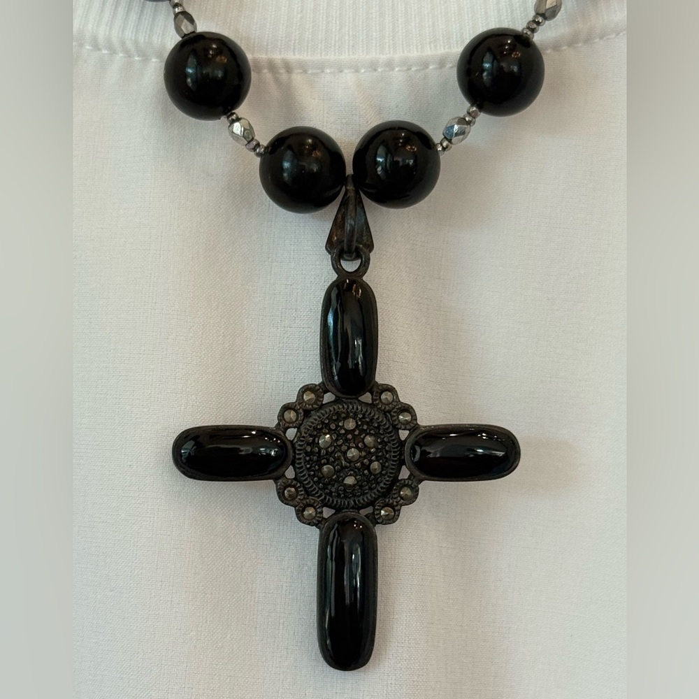 Elegant Black Beaded Cross Pendant Necklace